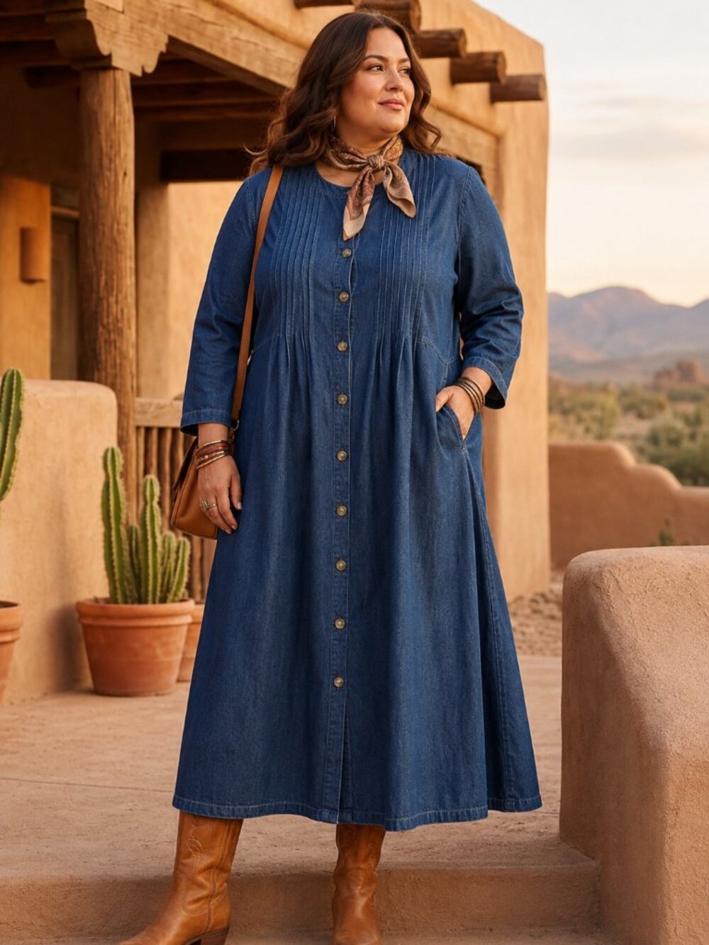 Vermont Country Store Denim Shirt Dress 3X Blue Pintuck Button Front Cotton Maxi